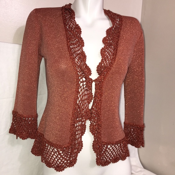 Joseph Bronze Orange Shimmery Lace Collar Cardigan - Picture 12 of 14
